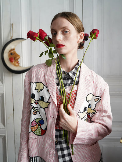 Unlogical Poem Vintage-style Cat Patch Embroidered Pink Striped Linen Blazer