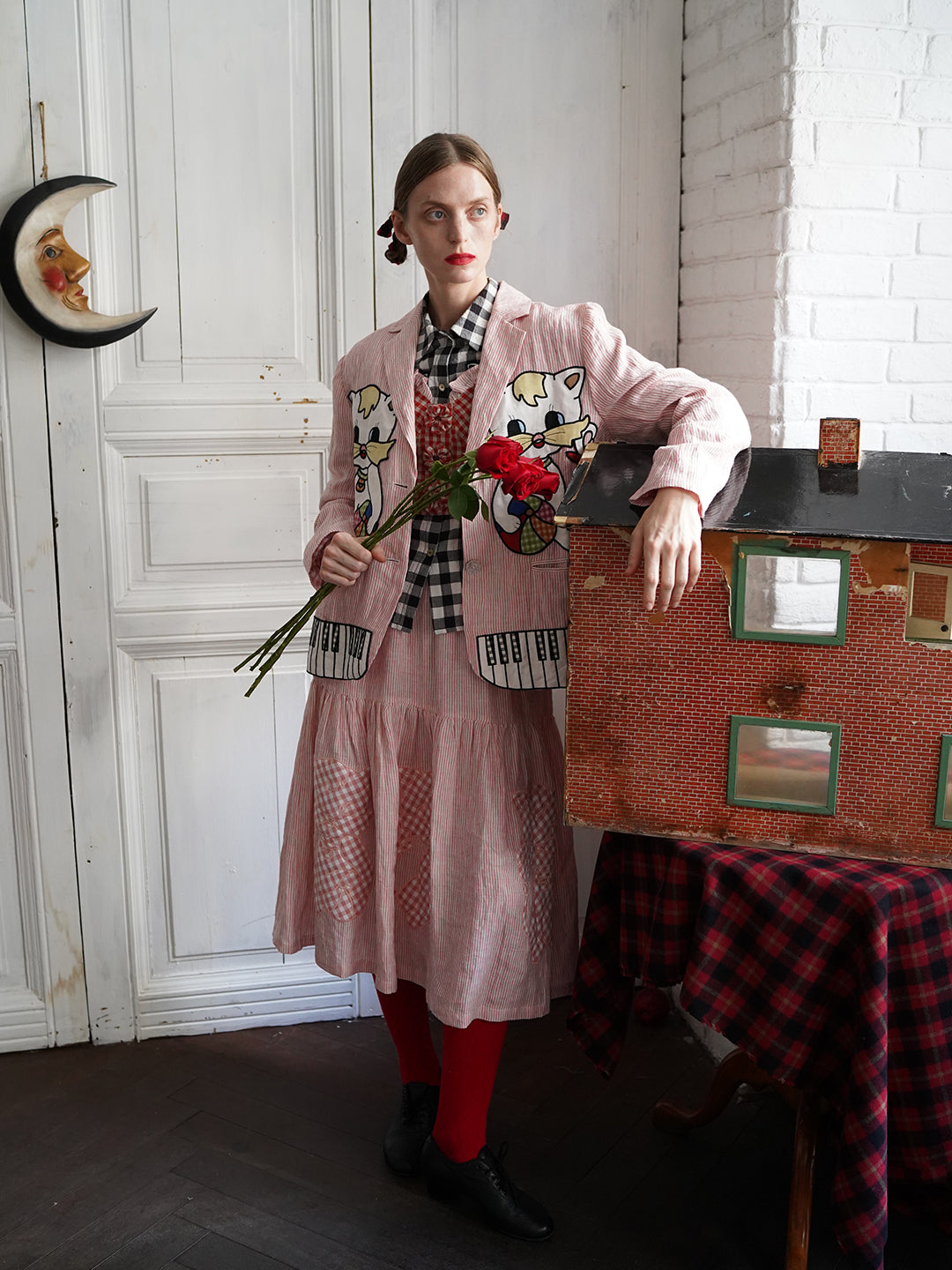 Unlogical Poem Vintage-style Cat Patch Embroidered Pink Striped Linen Blazer