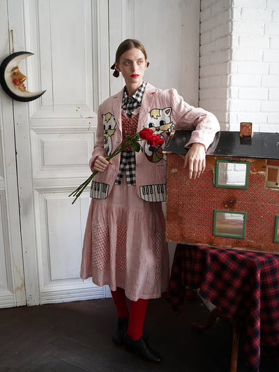 Unlogical Poem Vintage-style Cat Patch Embroidered Pink Striped Linen Blazer