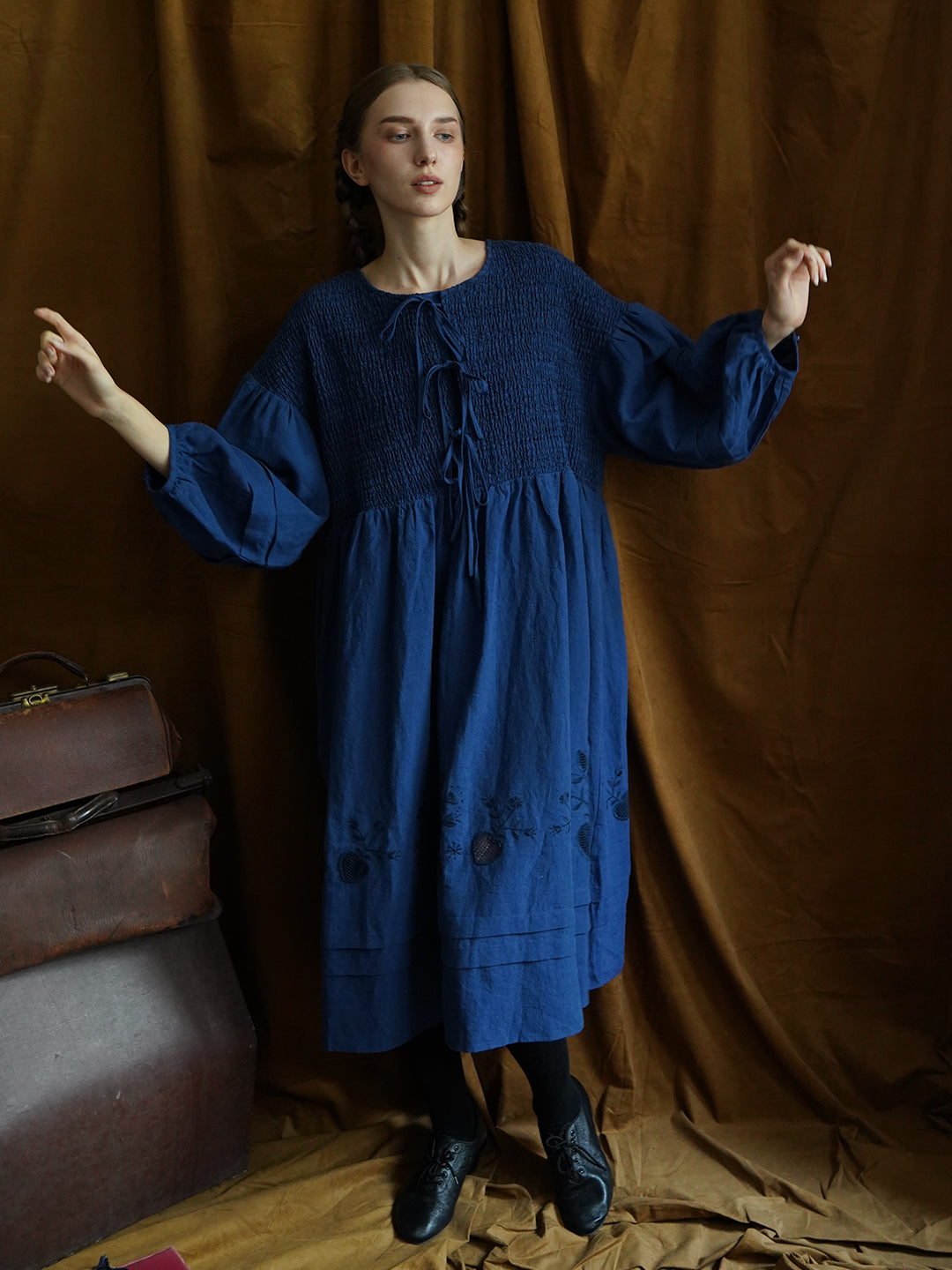 Unlogical Poem Victorian style Floral Embroidered Shirr Blue Hemp Dres