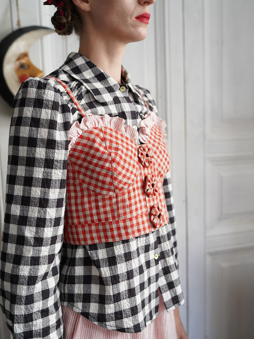 Unlogical Poem Handmade Yoyo Flowers Red Gingham Vest/ Smock