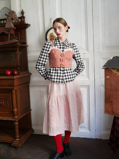 Unlogical Poem Cat Quilted Embroidered Patchwork Pink Striped Linen Skirt