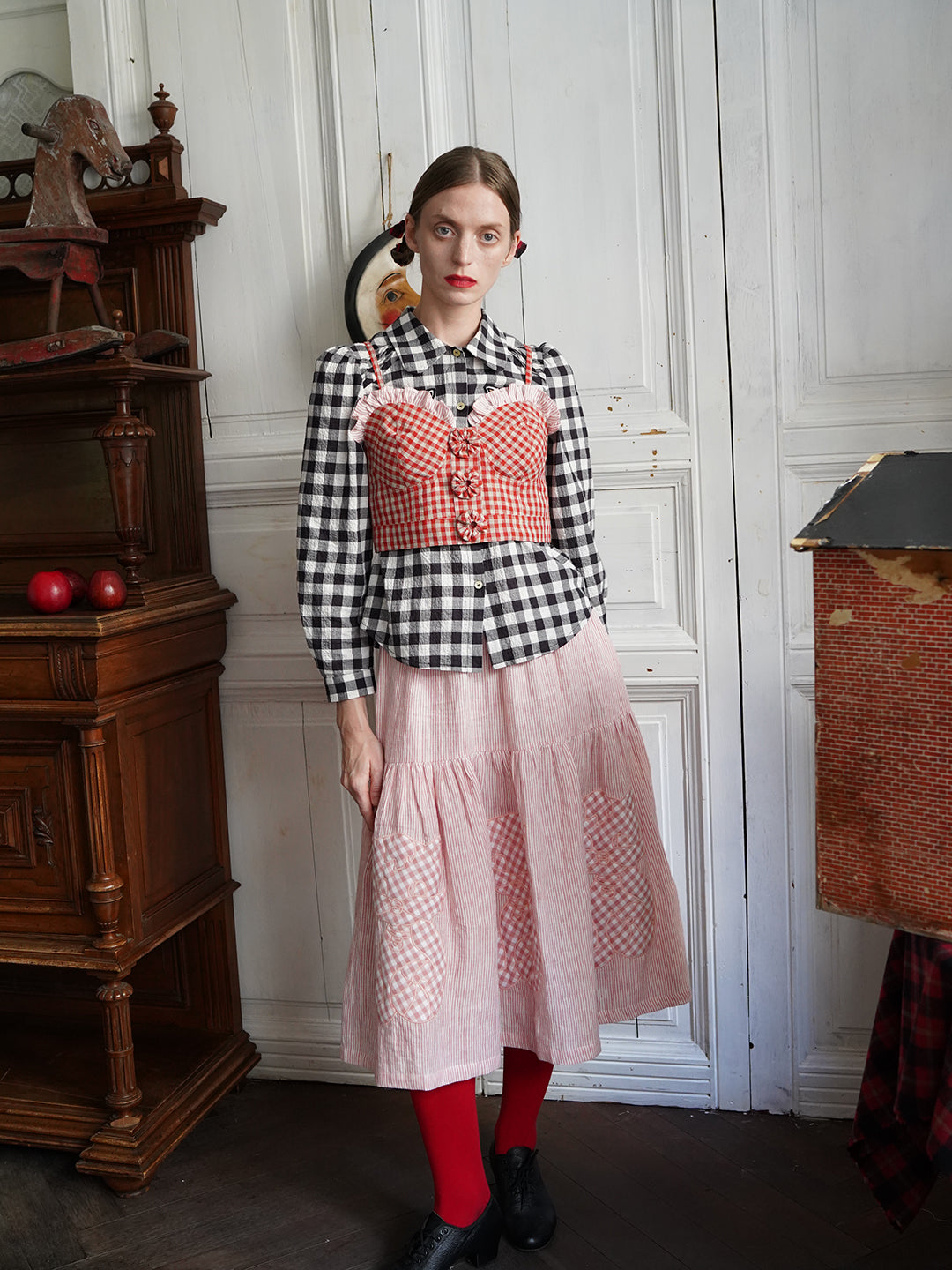 Unlogical Poem Cat Quilted Embroidered Patchwork Pink Striped Linen Skirt