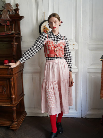Unlogical Poem Handmade Yoyo Flowers Red Gingham Vest/ Smock