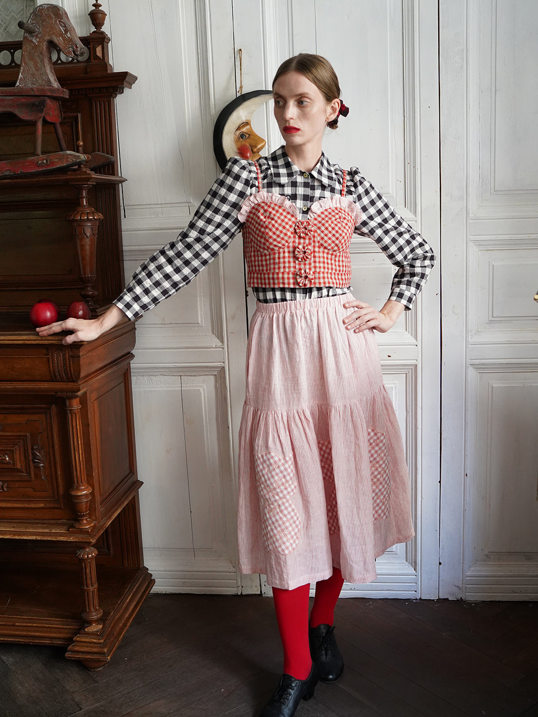 Unlogical Poem Cat Quilted Embroidered Patchwork Pink Striped Linen Skirt