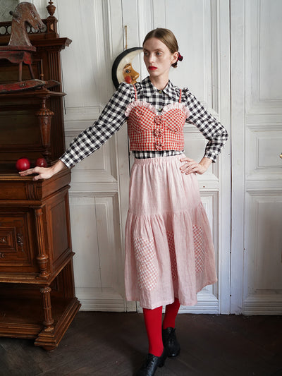 Unlogical Poem Cat Quilted Embroidered Patchwork Pink Striped Linen Skirt