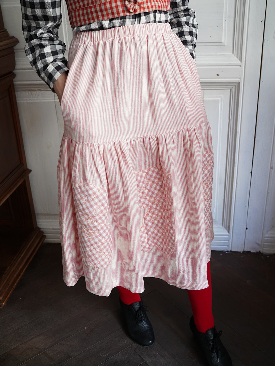 Unlogical Poem Cat Quilted Embroidered Patchwork Pink Striped Linen Skirt