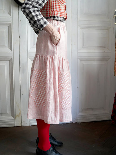 Unlogical Poem Cat Quilted Embroidered Patchwork Pink Striped Linen Skirt