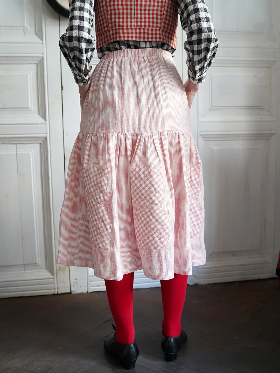 Unlogical Poem Cat Quilted Embroidered Patchwork Pink Striped Linen Skirt