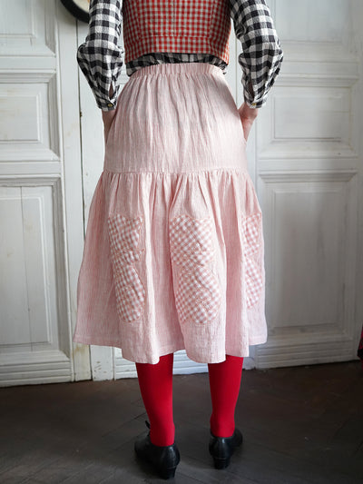 Unlogical Poem Cat Quilted Embroidered Patchwork Pink Striped Linen Skirt