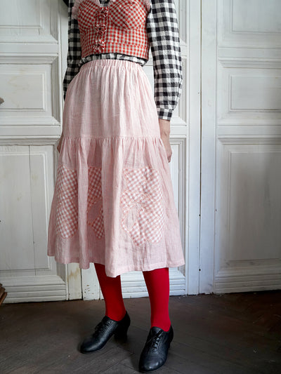 Unlogical Poem Cat Quilted Embroidered Patchwork Pink Striped Linen Skirt