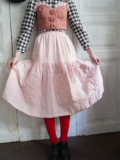 Unlogical Poem Cat Quilted Embroidered Patchwork Pink Striped Linen Skirt