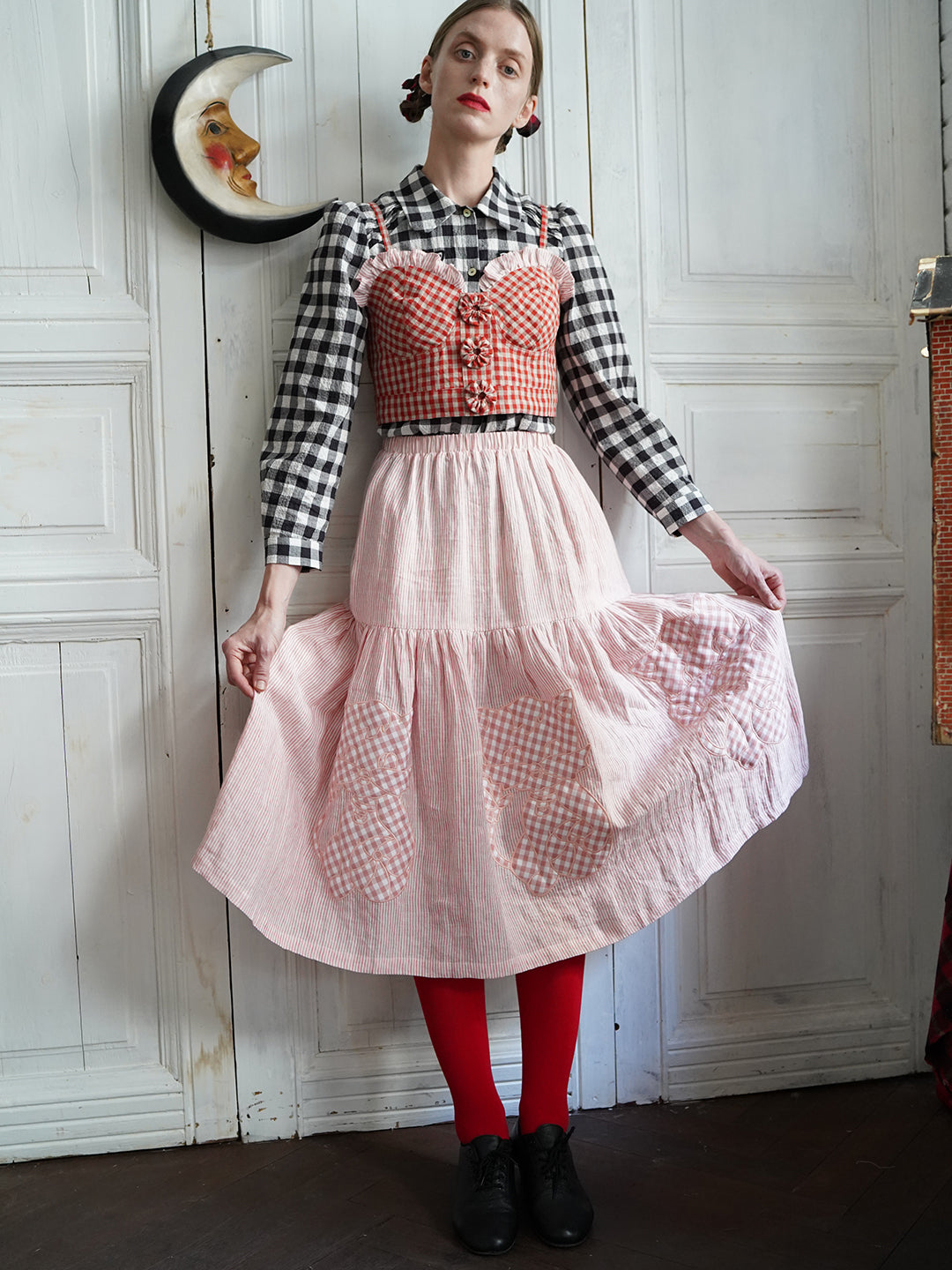 Unlogical Poem Cat Quilted Embroidered Patchwork Pink Striped Linen Skirt