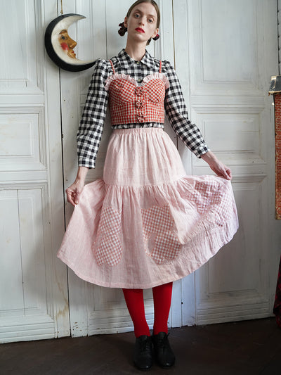 Unlogical Poem Cat Quilted Embroidered Patchwork Pink Striped Linen Skirt