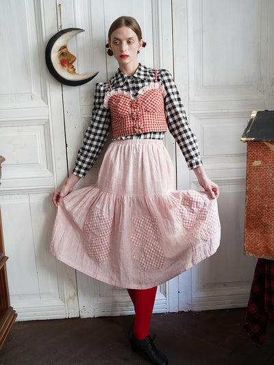 Unlogical Poem Handmade Yoyo Flowers Red Gingham Vest/ Smock