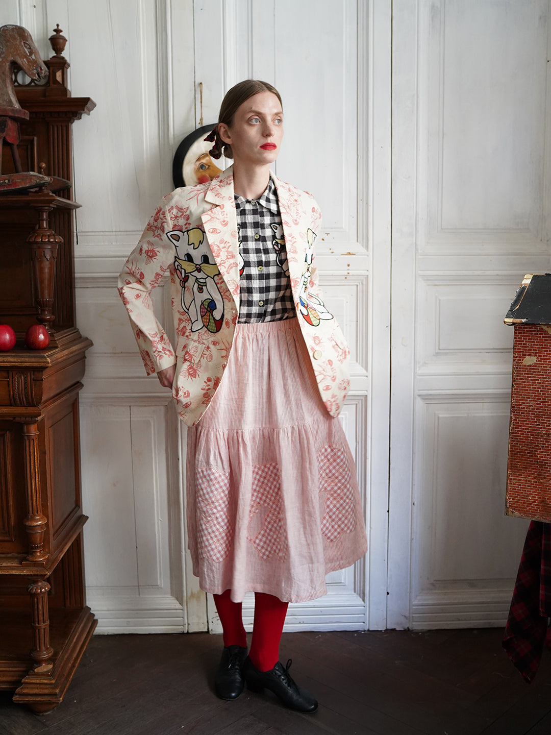 Unlogical Poem Cat Embroidered Illustration Printed Cotton Blazer