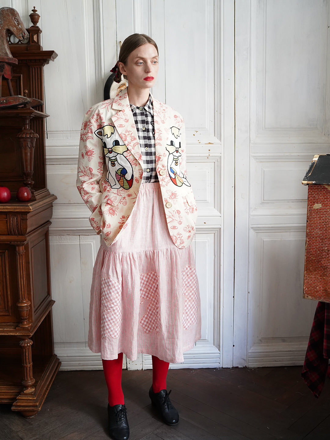 Unlogical Poem Cat Embroidered Illustration Printed Cotton Blazer