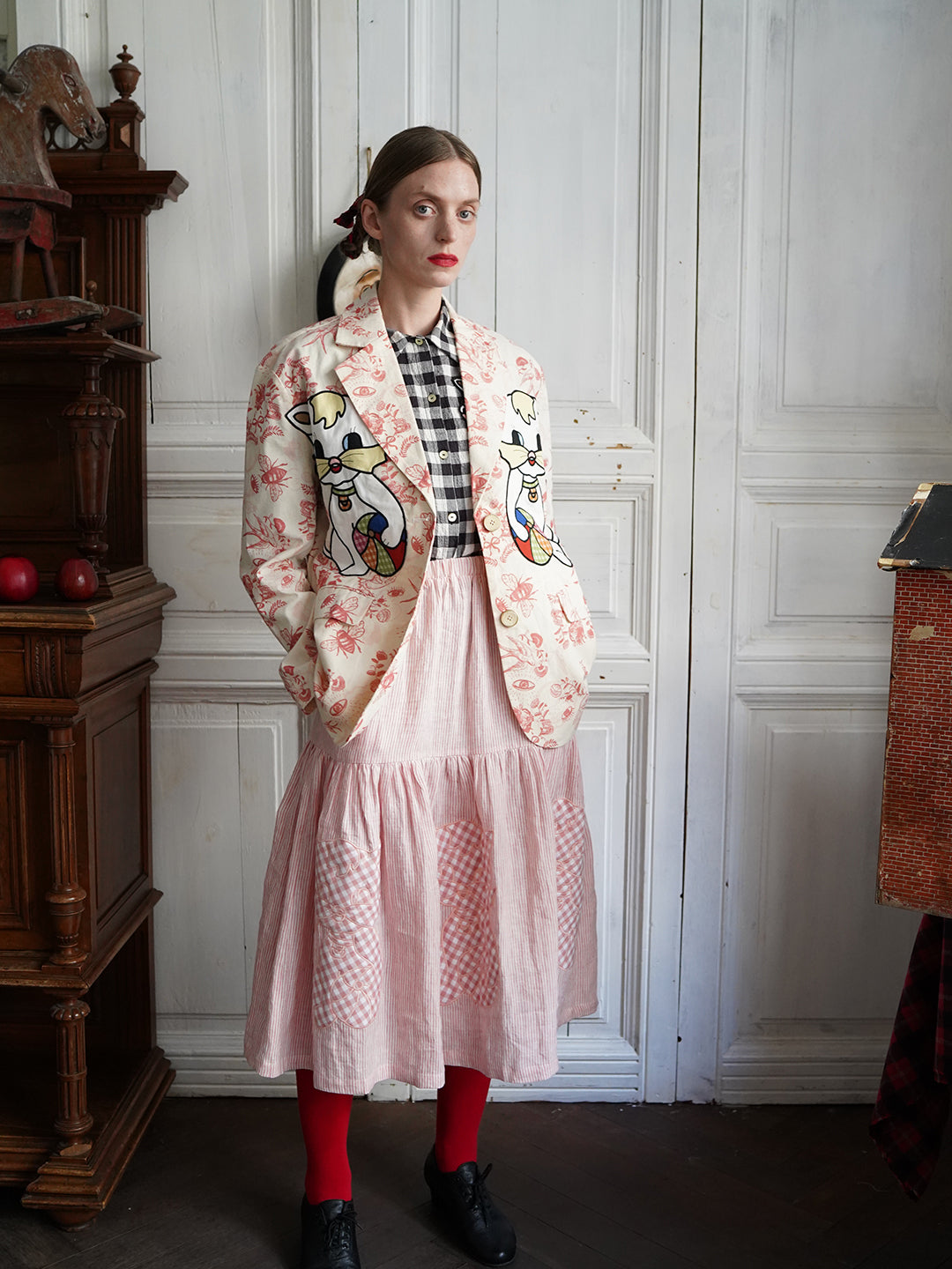 Unlogical Poem Cat Quilted Embroidered Patchwork Pink Striped Linen Skirt