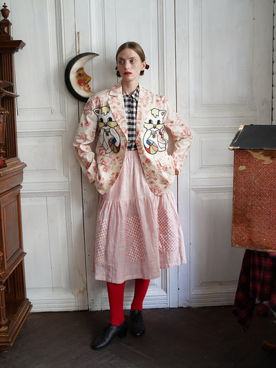 Unlogical Poem Cat Quilted Embroidered Patchwork Pink Striped Linen Skirt