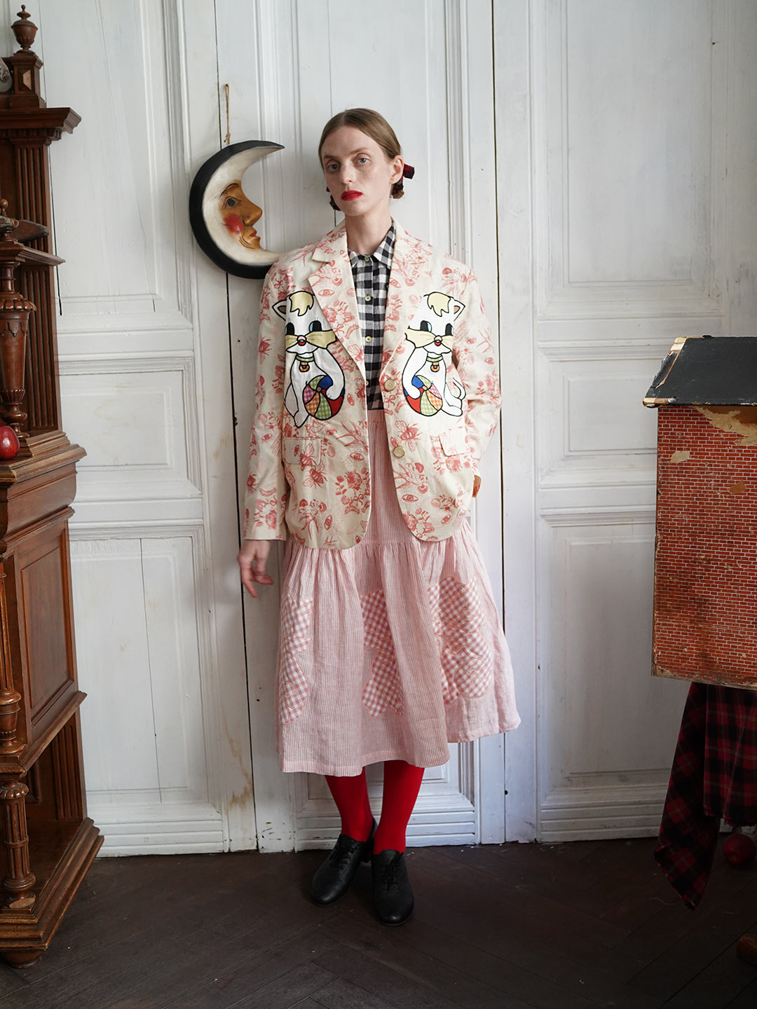 Unlogical Poem Cat Quilted Embroidered Patchwork Pink Striped Linen Skirt