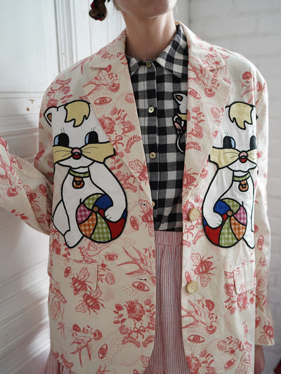 Unlogical Poem Cat Embroidered Illustration Printed Cotton Blazer