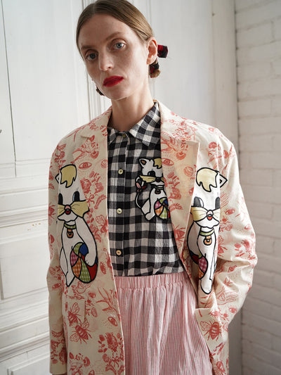 Unlogical Poem Cat Embroidered Illustration Printed Cotton Blazer