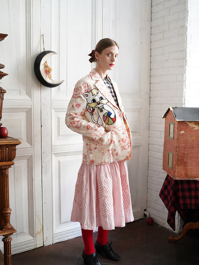 Unlogical Poem Cat Embroidered Illustration Printed Cotton Blazer