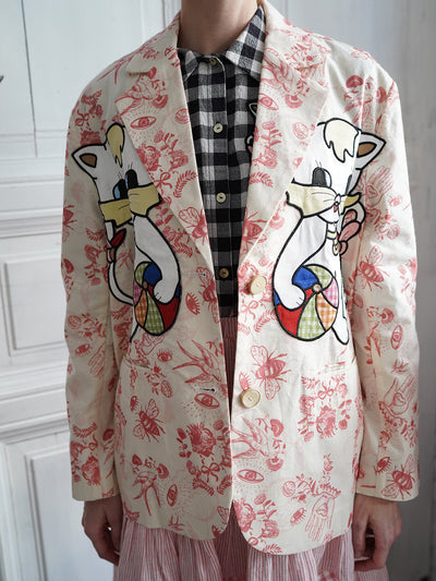 Unlogical Poem Cat Embroidered Illustration Printed Cotton Blazer