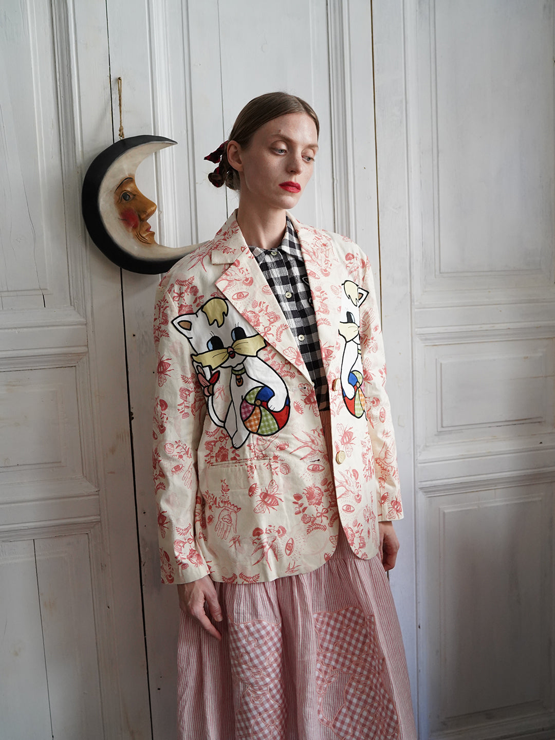 Unlogical Poem Cat Embroidered Illustration Printed Cotton Blazer