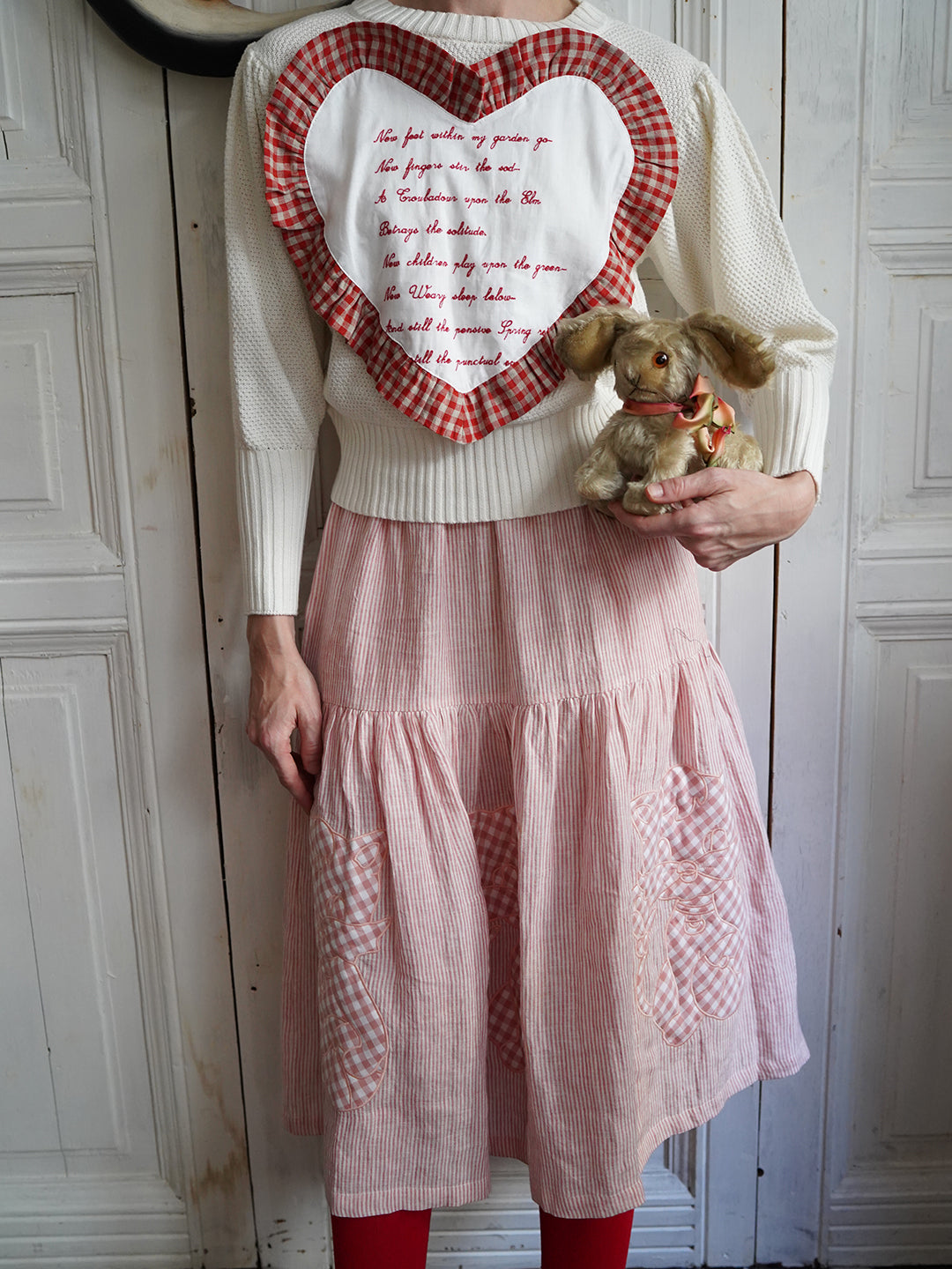 Unlogical Poem Cat Quilted Embroidered Patchwork Pink Striped Linen Skirt