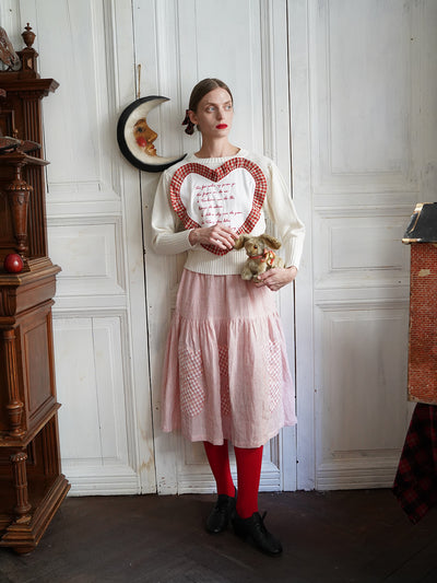 Unlogical Poem Cat Quilted Embroidered Patchwork Pink Striped Linen Skirt