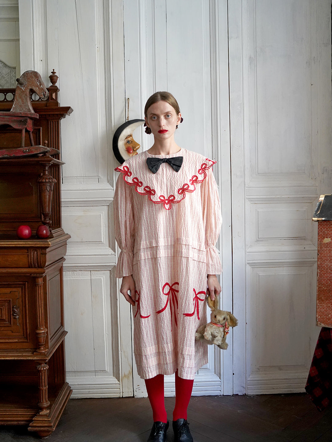 Unlogical Poem Bow Embroidered Cotton Linen Dress