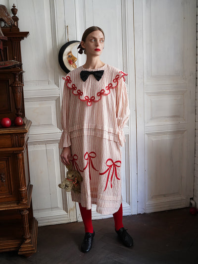 Unlogical Poem Bow Embroidered Cotton Linen Dress