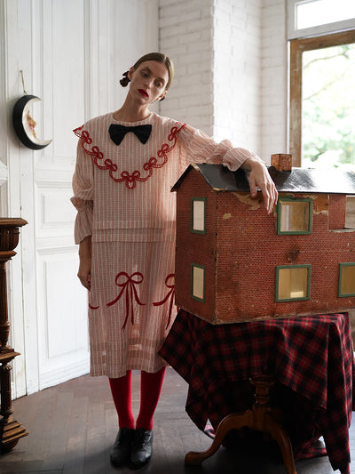 Unlogical Poem Bow Embroidered Cotton Linen Dress