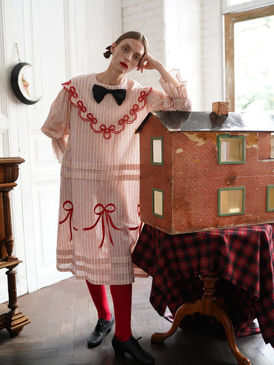 Unlogical Poem Bow Embroidered Cotton Linen Dress