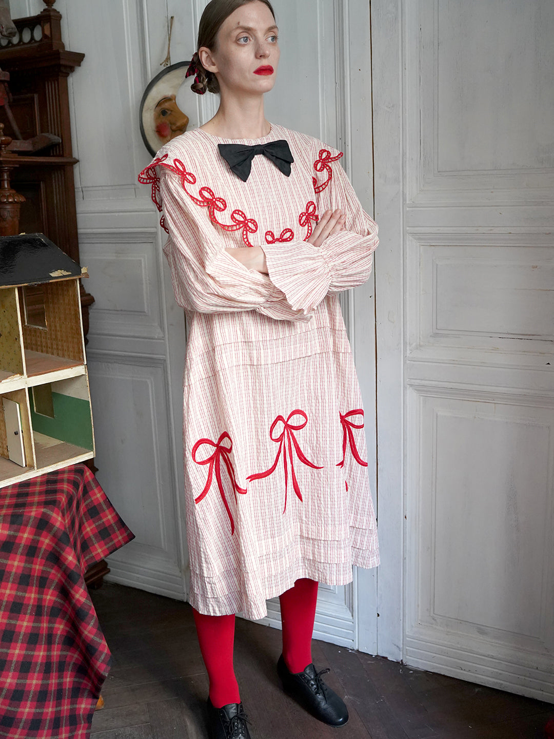 Unlogical Poem Bow Embroidered Cotton Linen Dress