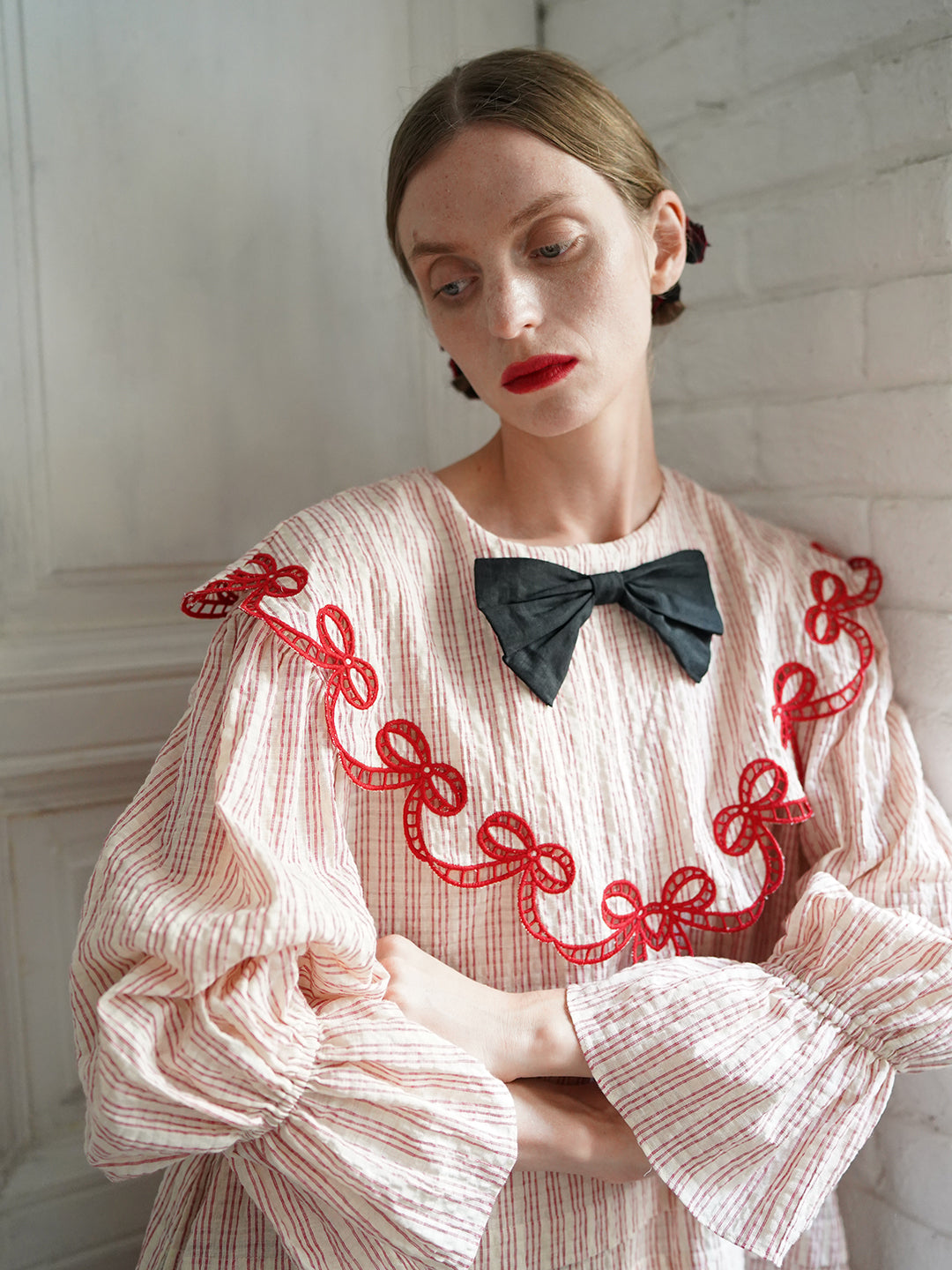 Unlogical Poem Bow Embroidered Cotton Linen Dress