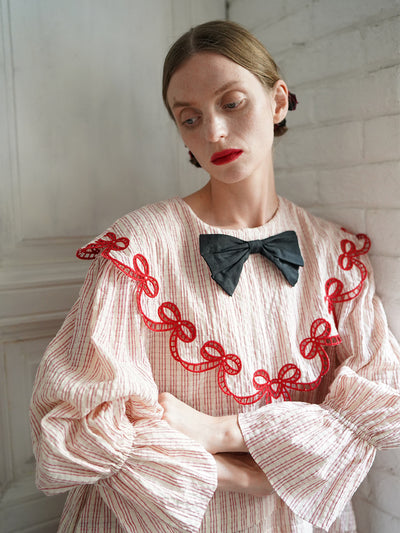 Unlogical Poem Bow Embroidered Cotton Linen Dress