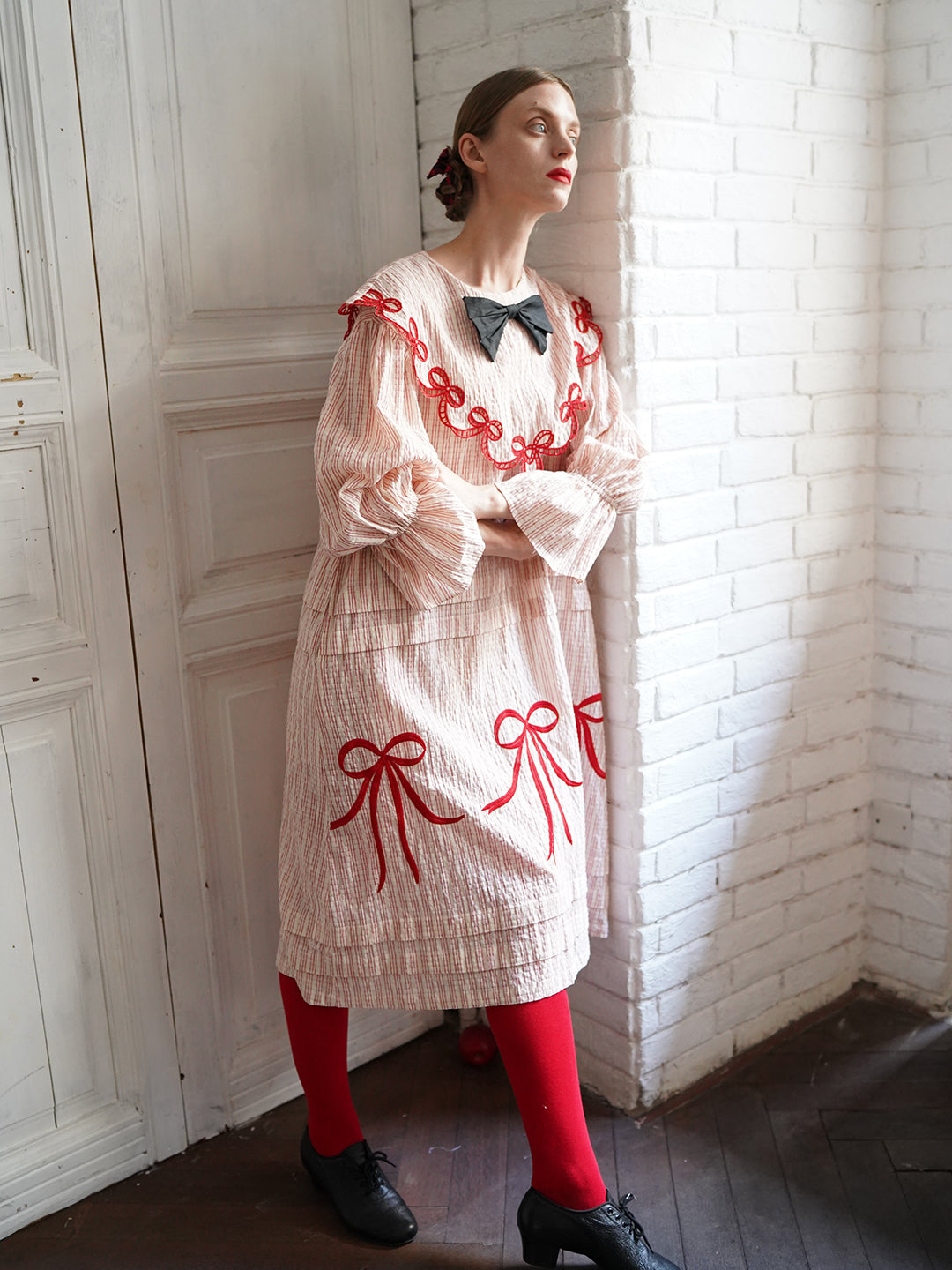 Unlogical Poem Bow Embroidered Cotton Linen Dress