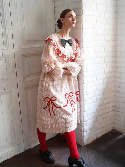 Unlogical Poem Bow Embroidered Cotton Linen Dress