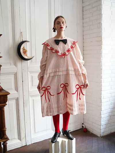 Unlogical Poem Bow Embroidered Cotton Linen Dress