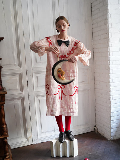 Unlogical Poem Bow Embroidered Cotton Linen Dress