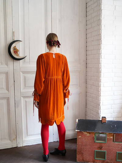 Unlogical Poem Victorian-style Bow Embroidery Orange Velvet Dress