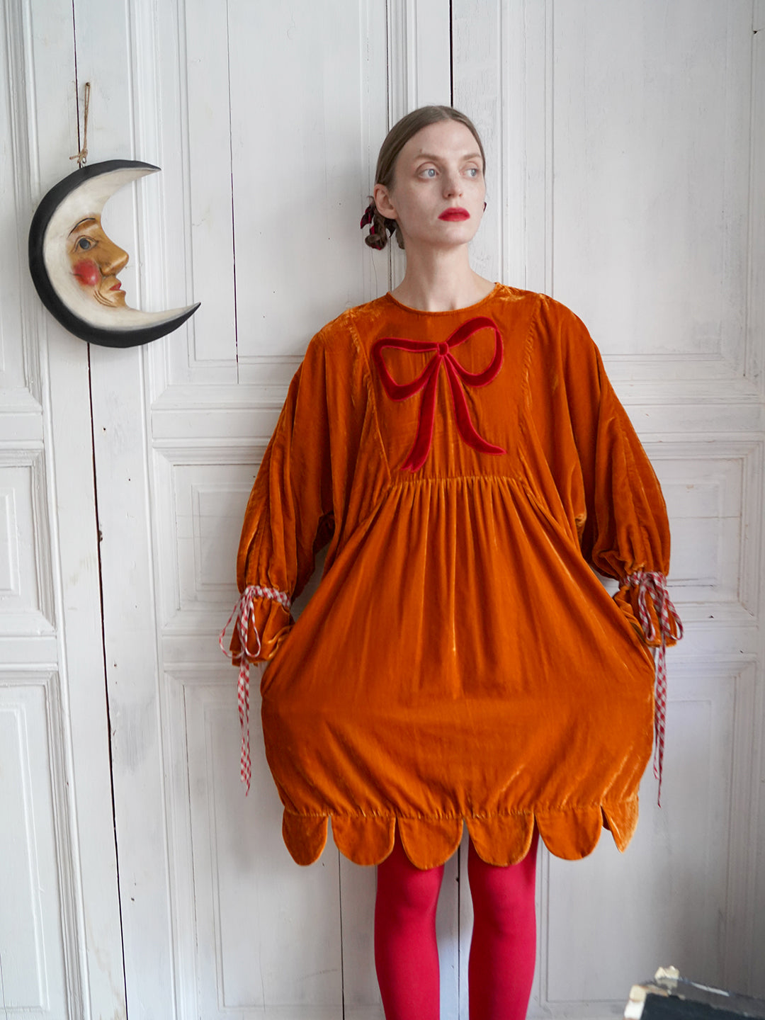 Unlogical Poem Victorian-style Bow Embroidery Orange Velvet Dress
