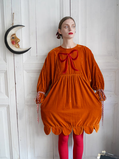 Unlogical Poem Victorian-style Bow Embroidery Orange Velvet Dress