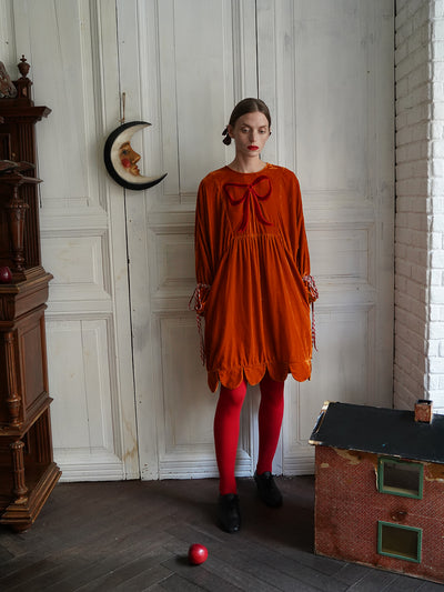 Unlogical Poem Victorian-style Bow Embroidery Orange Velvet Dress