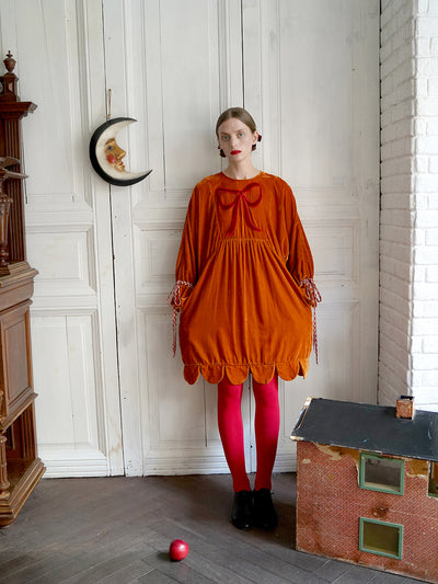 Unlogical Poem Victorian-style Bow Embroidery Orange Velvet Dress