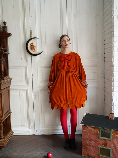 Unlogical Poem Victorian-style Bow Embroidery Orange Velvet Dress