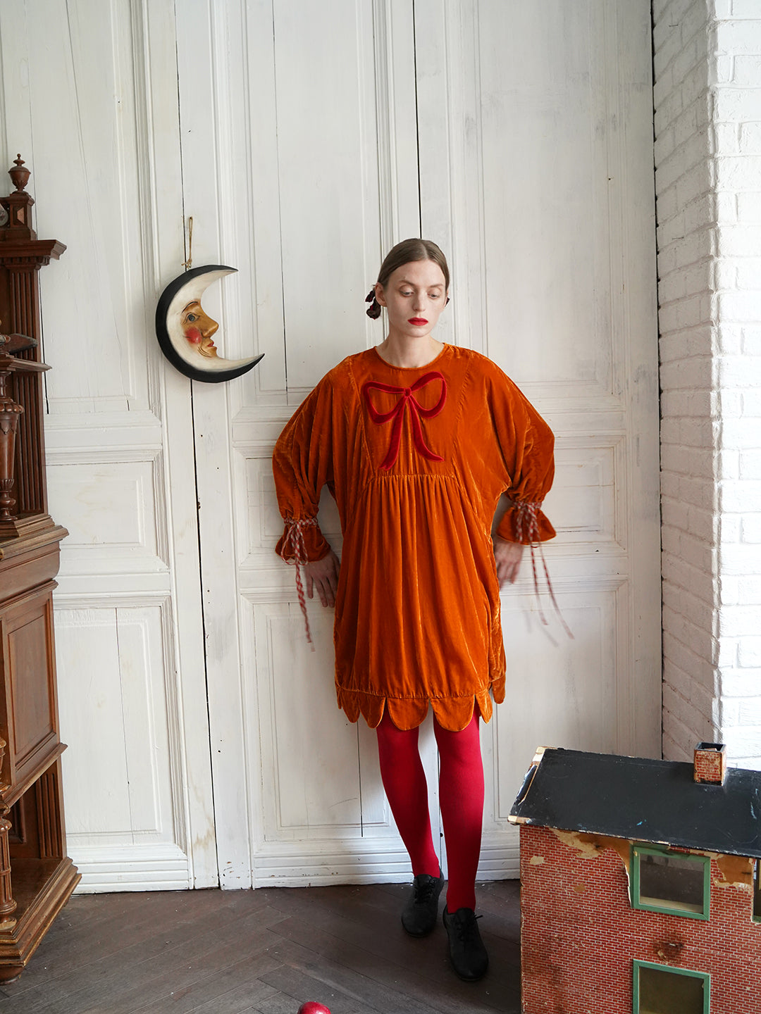 Unlogical Poem Victorian-style Bow Embroidery Orange Velvet Dress