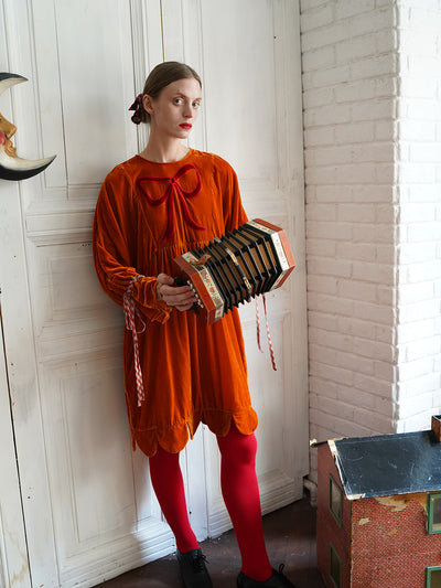 Unlogical Poem Victorian-style Bow Embroidery Orange Velvet Dress